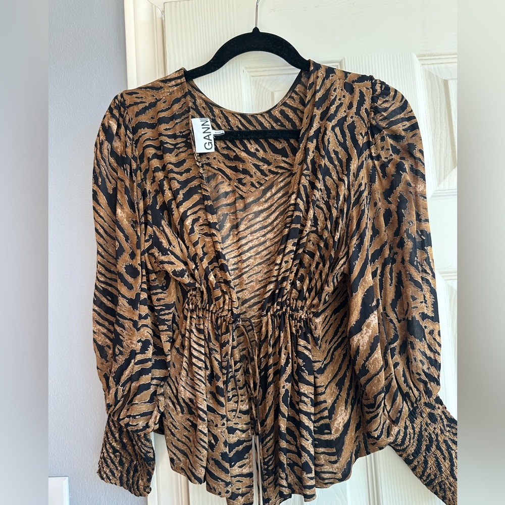 Ganni Zebra Print Blouse - Black and Tan